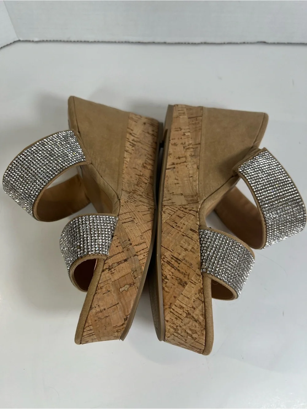 Steve Madden Sandro Rhinestone Cork Wedge Slide Sandals Beige 8.5M